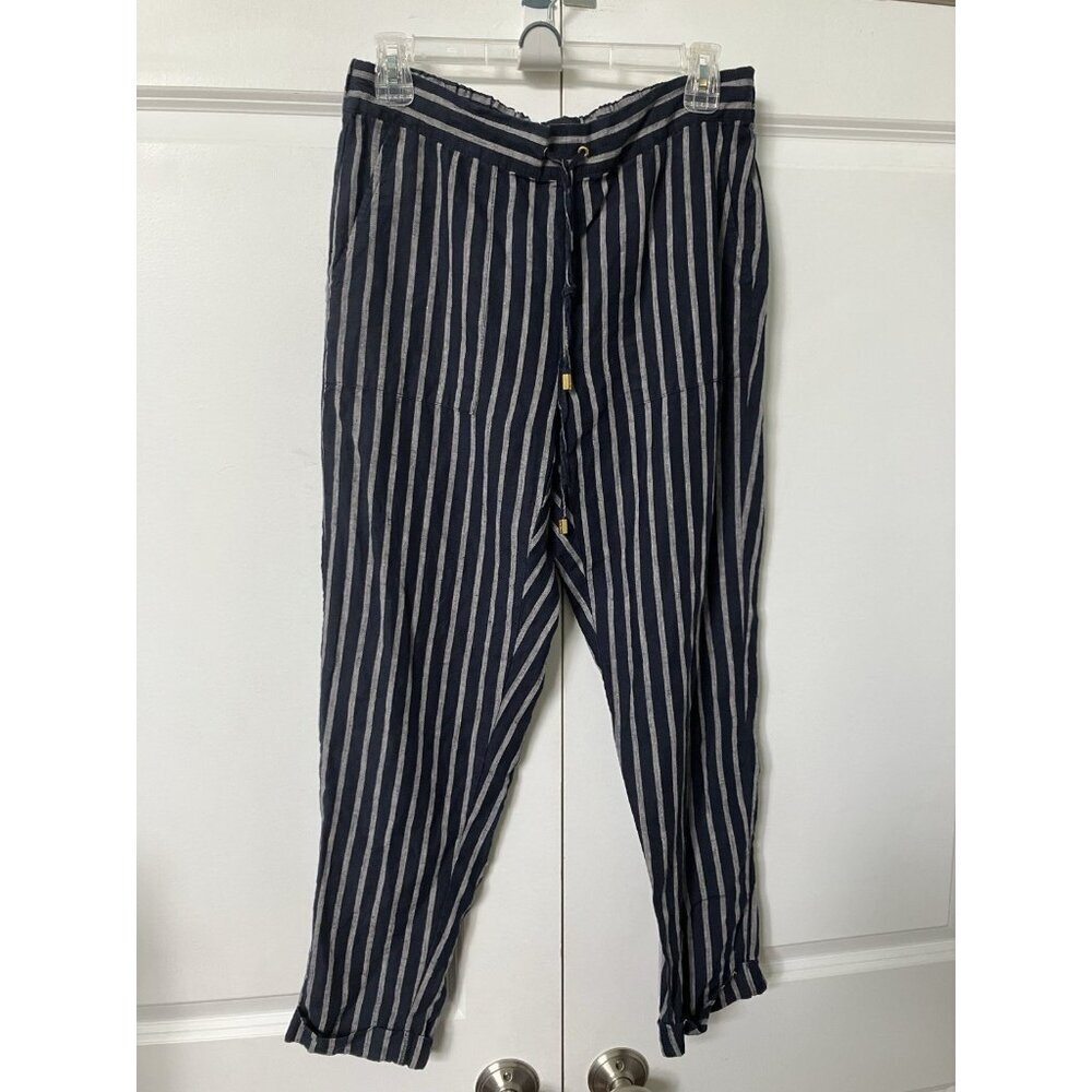 Ellen Tracy‎ Linen Pants Womens S Blue Stripe Cropped Coastal Drawstring Boho